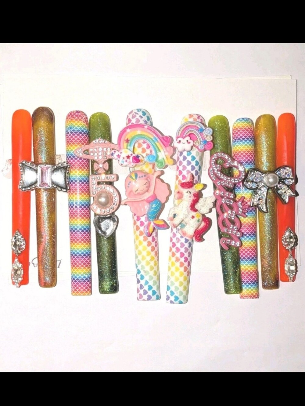 SolddddHand Crafted 6Xl Acrylic Rainbow & Orange Press-On Nails Set with Charms - Picture 3 of 16